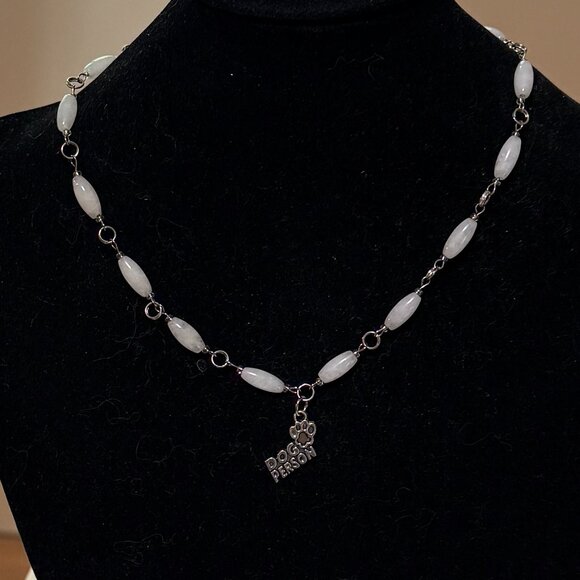 Genuine Milky Quartz Short Necklace, Gemstone w/ Dog Person Paw Print Pendant - Picture 3 of 15